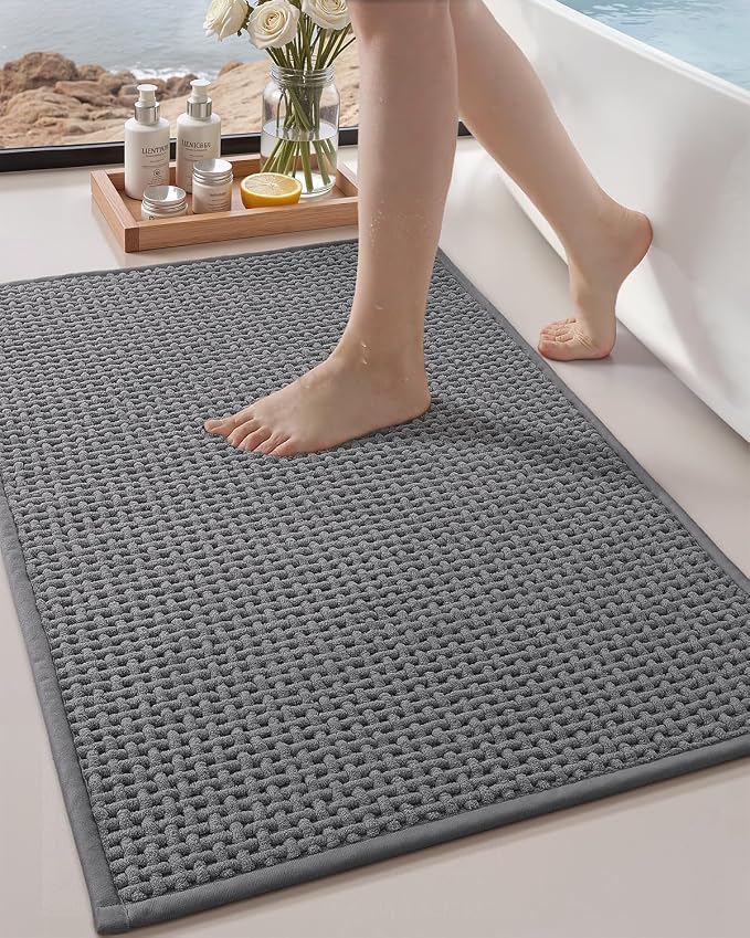 Color&Geometry Rubber Backed Waffle Bath Mat 36x24, Non Slip Water Washable Bathroom Rugs, Soft Absorbent Chenille Boho Carpet for Bathroom Floor, Tub and Shower, Grey
