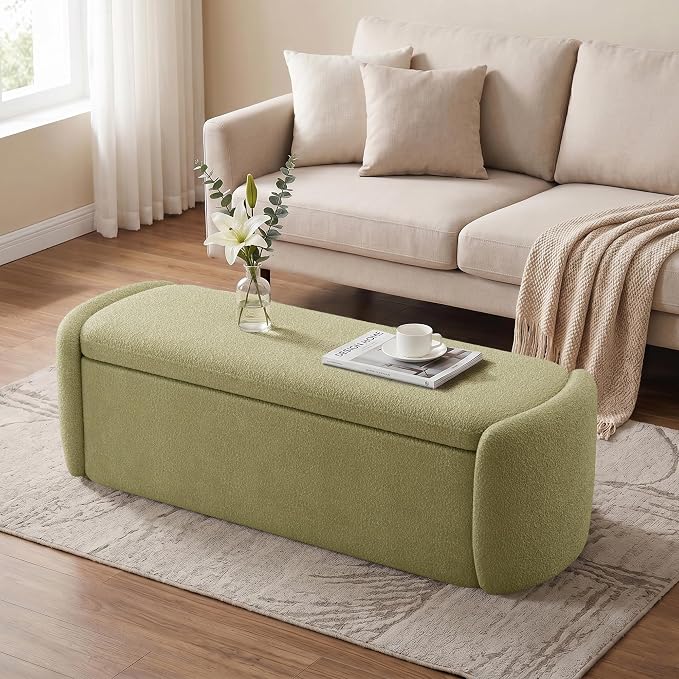 VKNOW 51" Storage Ottoman Bench, Upholstered End of Bed Bench with Smooth Hinges, Oval Large Ottoman Bench for Bedroom, Living Room and Hallway Entryway, Light Green