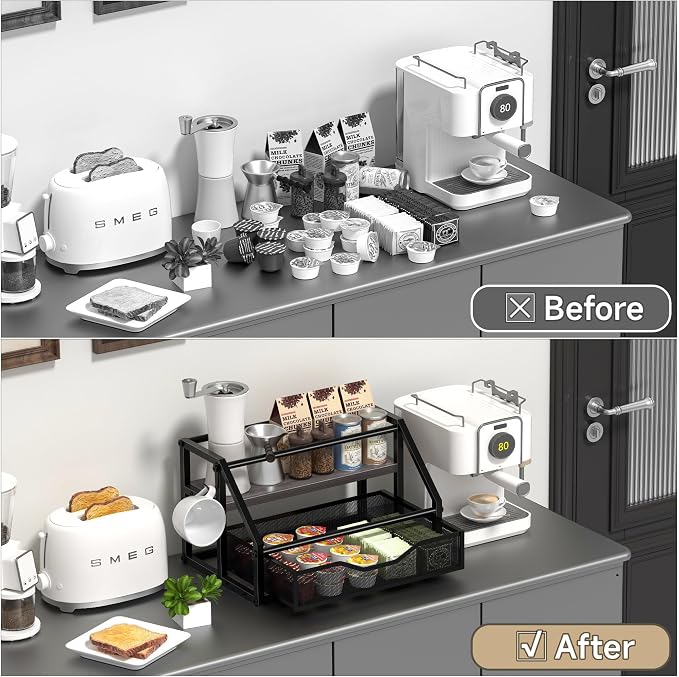 Coffee Syrup Rack Organizer, Syrup Bottle Holder Stand for Coffee Bar, 2-Tier 8 Bottles Storage Shelves for Syrup, Wine, Dressing for Kitchen Countertop, Grey