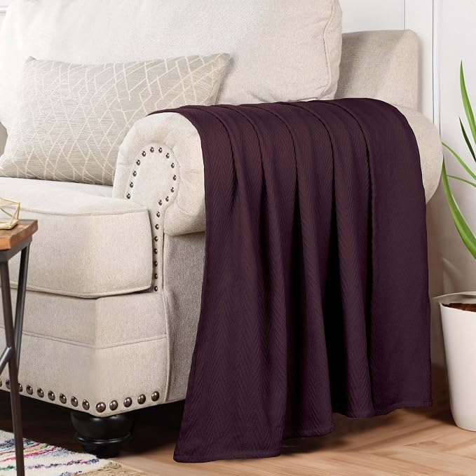 Superior Metro All-Season Cotton Blanket, Woven Blanket for Couch, Bed, Bedding, Farmhouse, Home Essentials, Cute and Cozy Bohemian Blankets, Herringbone Weave, Throw Size, Plum