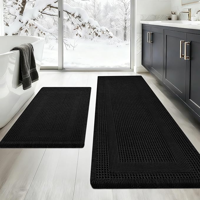 Upgraded Waffle Bath Mat Set 2 Piece Black-Looped, Super Absorbent Non-Slip Quick Dry Bathroom Rugs with Tassels, Machine Washable Ultra Soft Boho Bath Rugs for Floor, Toilet Mats Boho Farmhouse Decor