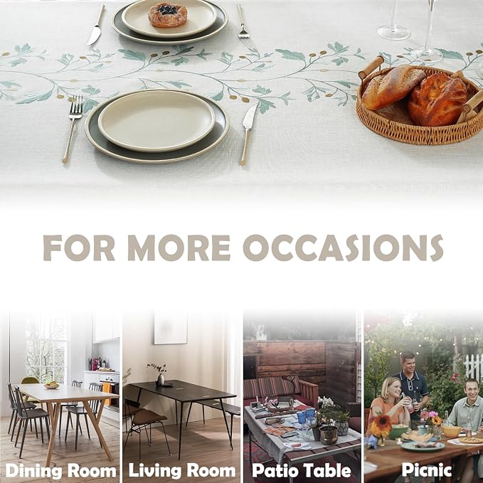 JIALE Heavy Duty Table Cloth Cotton Linen Waterproof Tablecloths Farmhouse Tablecloth, Soft and Wrinkle Free Table Cover with Tassels, Square, Green Flowers, 55''x55''