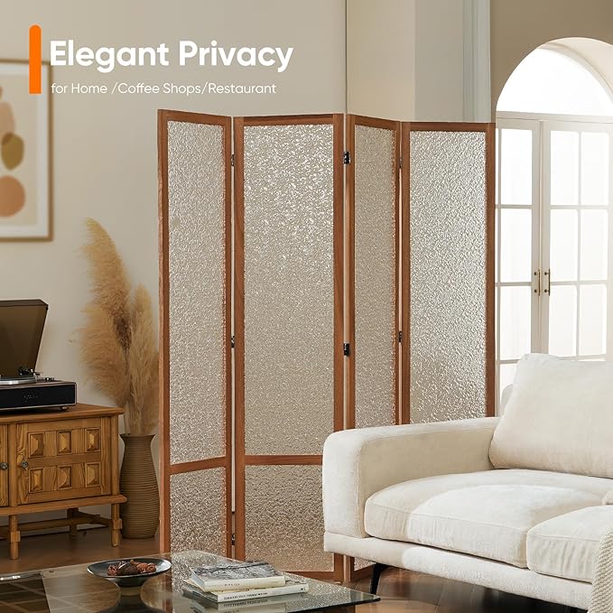 JOSTYLE Acrylic Room Divider, Frosted Glass Like Partition Privacy Screen, 4-Panel Contemporary Translucent Wall Divider for Bedroom&Office, Brown Wood Frame, 67" H x 64" W