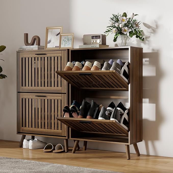 Spaco Walnut Shoe Cabinet for Entryway,Narrow Shoe Storage Cabinet with 2 Flip Drawer and Solid Wood Leg,Freestanding Slim Shoe Organizer for Entryway, Hallway