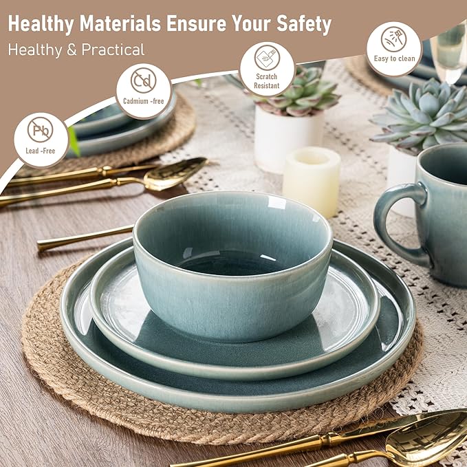 GBHOME Ceramic Dinnerware Sets for 8, 24 Pieces Stoneware Plates and Bowls Sets, Scratch Resistant Dishes, Dishwasher & Microwave Safe, Reactive Glaze-Malachite Green