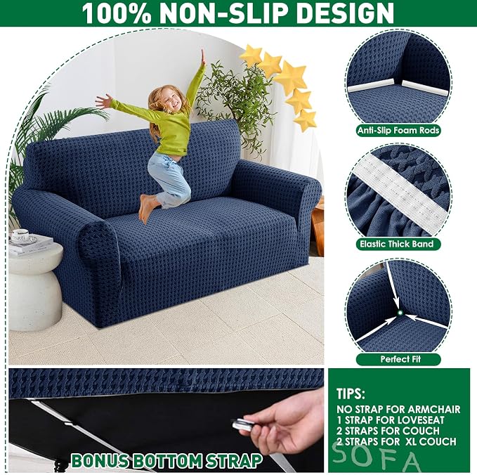 MAXIJIN Stretch Extra Large Couch Cover Sofa Covers (91"-110" Oversized Sofa Slipcovers with Non-Slip Foam & Elastic Strap, Dog Cat Pet Friendly Furniture Protector (X-Large, Navy Blue)
