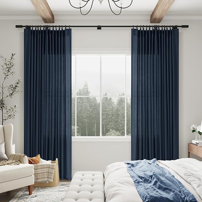 Aersas Denim Blue Pinch Pleated Linen Curtains 63 Inch Length 2 Panels for Living Room Bedroom Semi Sheer Window Curtain Boho Neutral Back Tab Pinch Pleat Drape with Hooks 40x63