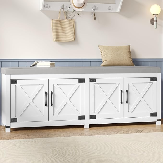 Hzuaneri Shoe Storage Bench, 2 Tier Shoe Bench with Padded Seat Cushion & 4 Barn Doors, 59" Entryway Bench with Adjustable Shelf, Farmhouse Shoe Cabinet for Living Room, Bedroom, White SB31503GY
