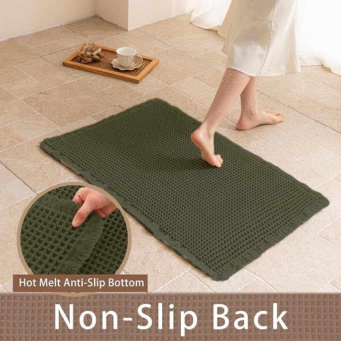 Waffle Bath Mat Non Slip, Boho Bathroom Rug, Super Absorbent Quick Dry Bathroom Mat, Soft Farmhouse Bath Rug with Tassels, Small Washable Shower Mats for Floor 24"x36", Olive Green