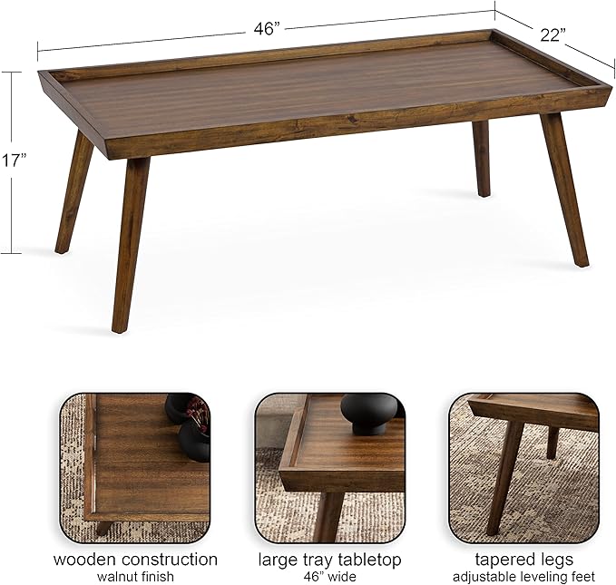 Kate and Laurel Eastmont Rectangle Wood Coffee Table; 46 x 22 x 17; Walnut Brown; Large Mid-Century Wooden Living Room Table with Stylish Tapered Legs and Adjustable Feet