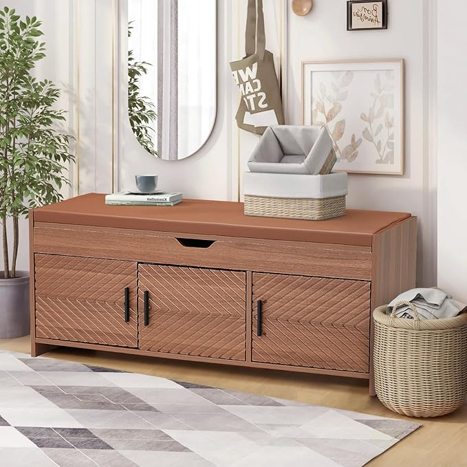 ECOTOUGE Storage Bench, Shoe Bench with Lift Top Storage, Entryway Bench with Cushioned Seat, Adjustable Shelf for Living Room, Bedroom, Hallway, Brown