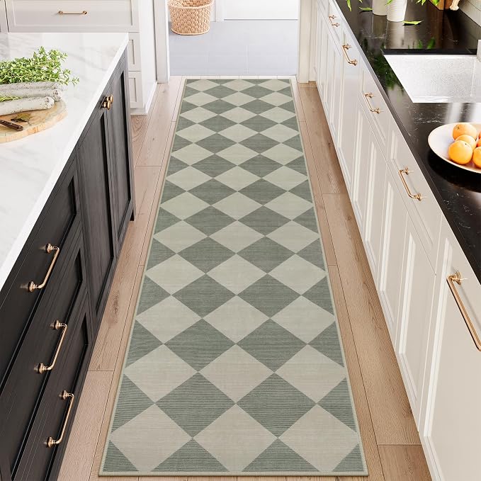 Beeiva Checkered Print Rug Runners for Hallways 2.5x10, Green Kitchen Runner Rugs Non Skid Washable Ultra Thin Faux Wool Long Carpet for Hallway, Checkerboard Neutral Floor Carpet for Kitchen Decor