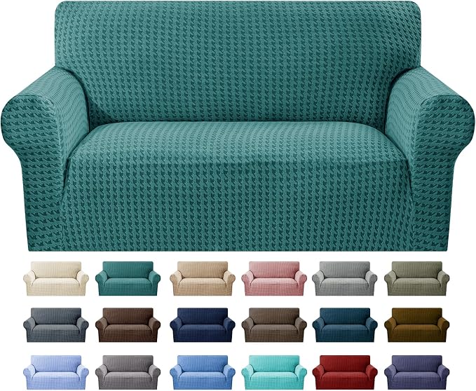 MAXIJIN Stretch Loveseat Couch Cover for 2 Cushion Couch (55"-69" Washable Sofa Slipcovers with Non-Slip Foam & Elastic Strap, Dog Cat Pet Friendly Furniture Protector (Medium, Peacock Blue)