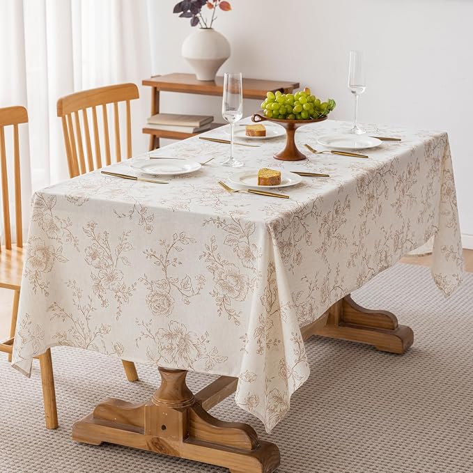Floral Linen Tablecloth 55 x 90 inch Wrinkle Resistant Vintage Farmhouse Tablecloth Brown Pattern Printed on Cream Table Cloth Rectangle Cottage Burlap Textured Fabric Table Cover Home Decor Holiday