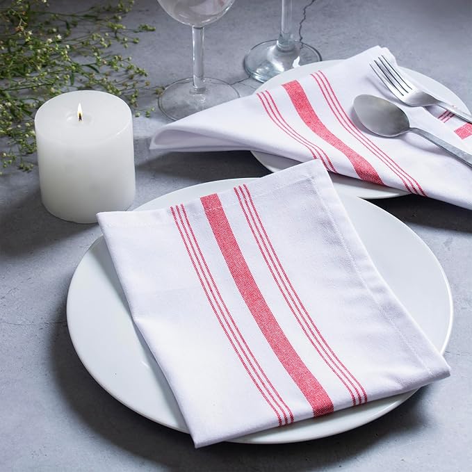 Blue Needles Set of 12 French Stripe Dinner Table Napkins 100% Cotton Napkins, 18x18 Inch, Absorbent, Soft, Reusable & Washable Restaurant Hotel Quality Spring Summer & Everyday Use - Red