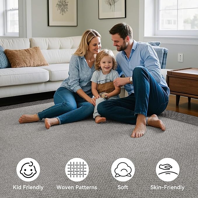 YDKGL Washable Area Rug 6x9 Large Jute Like Rug for Living Room, Soft Non Slip Rugs Carpet for Dining Room Bedroom Cotton Boho Woven Braided Rugs Home Office Decor, Grey