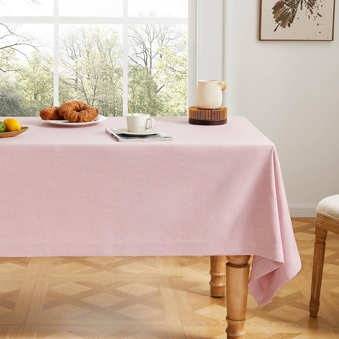 ZeeMart Basic Linen Textured Table Cloth, 52 x 70 Inch Pink, Farmhouse Style Pink Rectangle Tablecloth, Wrinkle Resistant Washable Heavy Weight TableCloths
