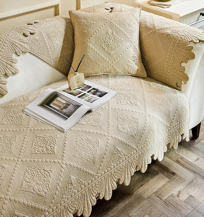 vctops Neutral Cotton Quilted Couch Sofa Cover Floral Embroidery Non-Slip Sectional Couch Covers Soft Cozy Sofa Slipcover for Dogs Cats Pet Armrest Backrest Cover (Beige,43"x94")