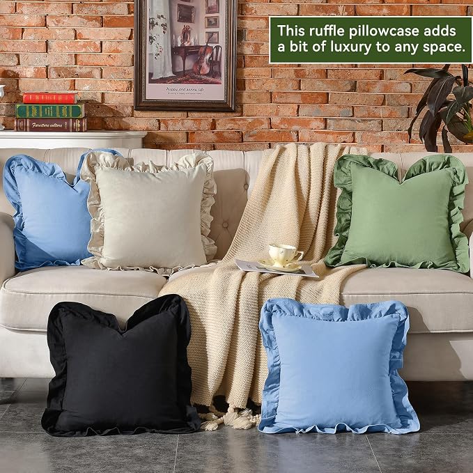 AmHoo Pack of 2 Throw Pillow Covers 100% Cotton Pre Washed Ruffle Decorative Pillowcase Cushion for Couch Sofa Bedroom 20 x 20-Inch Beige