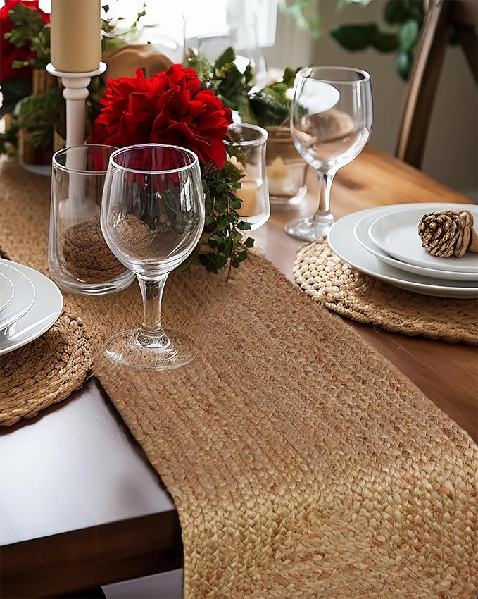 COTTON CRAFT Jute Braided Table Runner - Rustic Farmhouse Table Runner - Kitchen Harvest Fall Thanksgiving Holiday Christmas Party Dining Tabletop Runner - 13 x 36 inches - Natural
