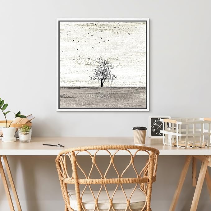 SIGNFORD Framed Canvas Print Wall Art Birds Fly Over Gray Field with Tree Animals Wildlife Illustrations Modern Art Rustic Scenic Relax/Calm Cool for Living Room, Bedroom, Office - 16"x16" White