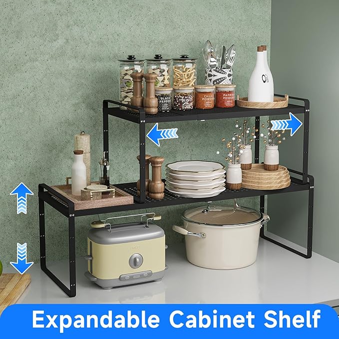 Expandable Cabinet Shelf Organizers, Kitchen Small Stand Rack Organization for Countertop Cupborad Pantry Desktop Spice Rack, Black 2 Pack