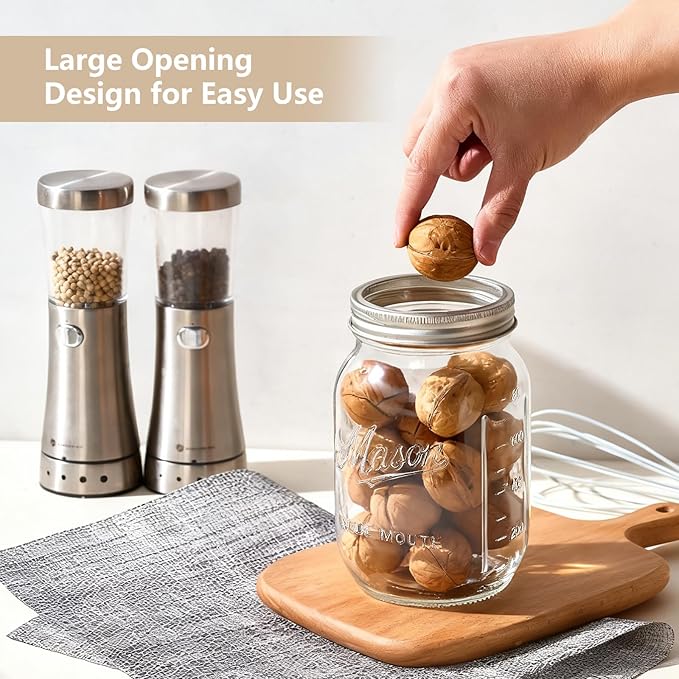 Mason Jars 32 oz,12 Pack Large Wide Mouth Mason Jar with Airtight Lids and Bands|Quart Glass Canning Jars for Pickling, Fermenting and Food Storage Microwave&Dishwasher Safe (12pack)