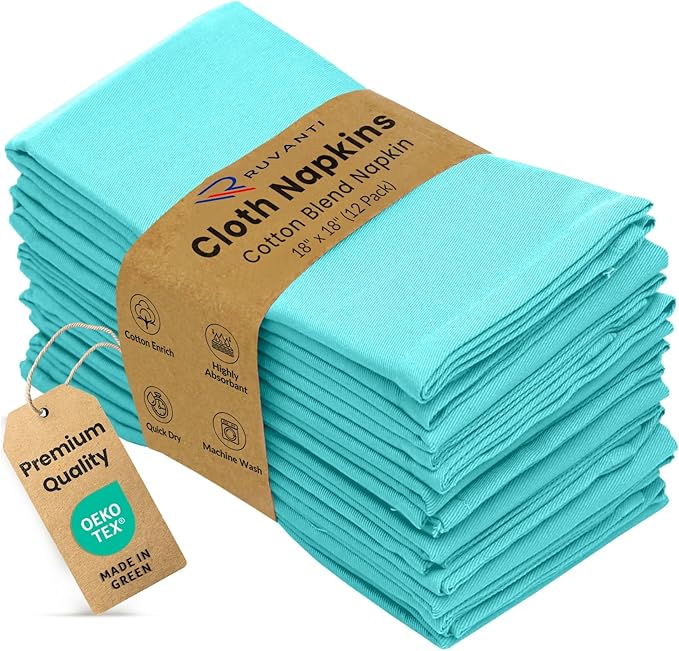 Ruvanti Cloth Napkins Set of 12, 18x18 Inches Napkins Cloth Washable, Soft, Durable, Absorbent, Cotton Blend. Table Dinner Napkins Cloth for Hotel, Lunch, Restaurant, Wedding, Parties - Waterspout