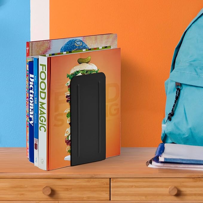 Acrimet Bookends for Shelves, Heavy Duty Steel Metal Book Ends, Non-Skid Book Stopper, Book Storage Holder for Home, Library, Jumbo Large Size 9" H x 4" W x 4 1/2" D, (Black) (1 Pair / 2 Pieces)