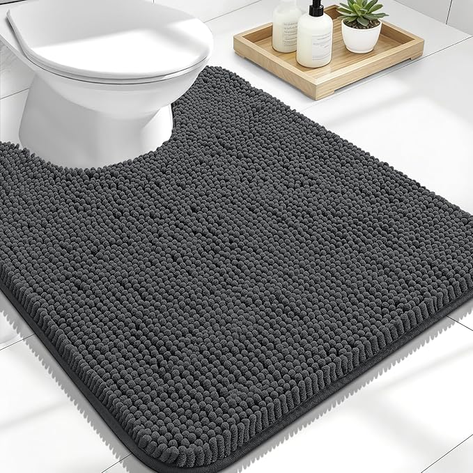 OLANLY Toilet Rugs U-Shaped 24x20, Extra Soft Absorbent Chenille Contour Bathroom Rugs for Toilet, Dry Quickly, Machine Washable, Non-Slip Bath Mat, Dark Grey