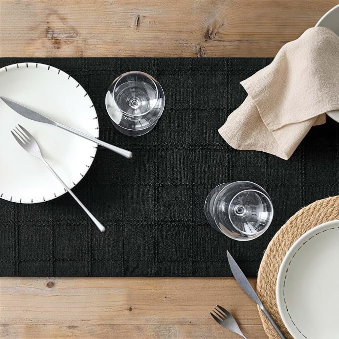 ZeeMart Linen Checked Farmhouse Table Runner, 13x48 Inches Black | Raised Grid Design, Rich Woven Texture, Linen Blend Table Runners 48 Inches Long, Machine Washable, Boho Home Kitchen Decor