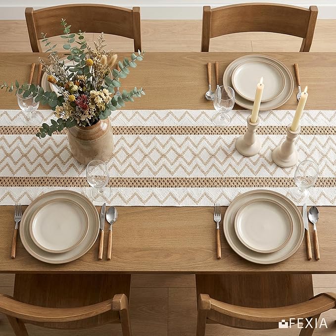 FEXIA Macrame Woven Bobo Table Runner with Hollow and Tassels Design 12x72 Inches for Home Decor Farmhouse Rustic Table Decoration for Living Room, Dining Room