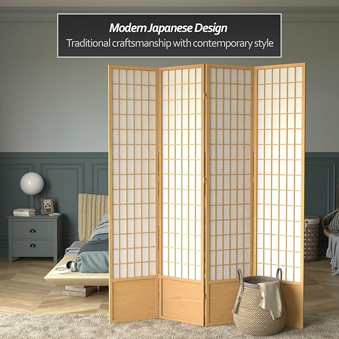 Red Lantern 7 ft. Tall Window Pane Shoji Screen - Natural - 4 Panels