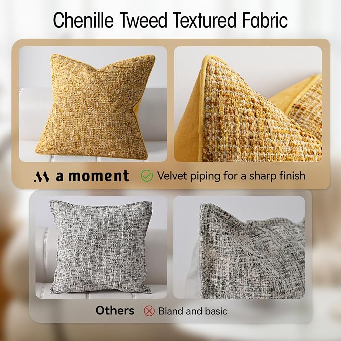 A Moment Bright Yellow Reversible Pillow Covers 2 Pack - Farmhouse Chenille Velvet Throw Pillows, Neutral Textured Decorative Throw Pillow Covers with Border for Couch Sofa Bed (12x20 Inch, No Insert)