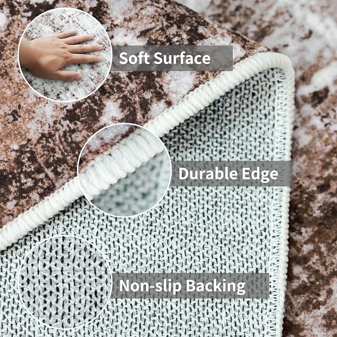 2x6 Washable Runner Rugs for Hallway: Easy-to-Clean Abstract Runners for Entryway Bedroom - Stain and Water Resistant Rugs with Non-Slip Backing - Soft Low-Pile Carpet Brown Khaki White