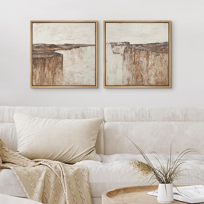 SIGNFORD Framed Canvas Print Wall Art Set Minimalist Abstract Canyon Cliff Neutral Earth Tone Landscape Modern Art Relax/Calm for Living Room, Bedroom, Office - 16"x16"x2 NATURAL