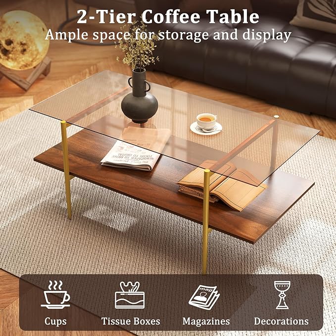 Giantex Glass Coffee Table, Mid Century Modern Center Table with Amber Tampered Glass Tabletop, Walnut Storage Shelf & Golden Legs, 2-Tier Rectangle Coffee Tables for Living Room, Brown