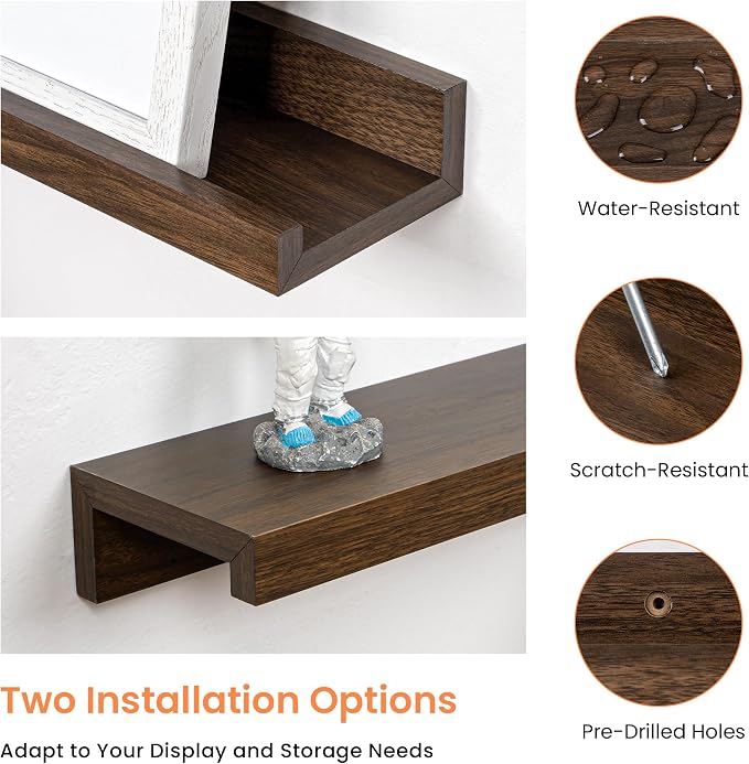RICHFOCUS Picture Ledge Shelf, 24 inch Floating Shelves Set of 2, Wood Wall Shelves with Lip, Wall Decor Storage for Bedroom Living Room Bathroom Kitchen Nursery Photo Picture, Walnut