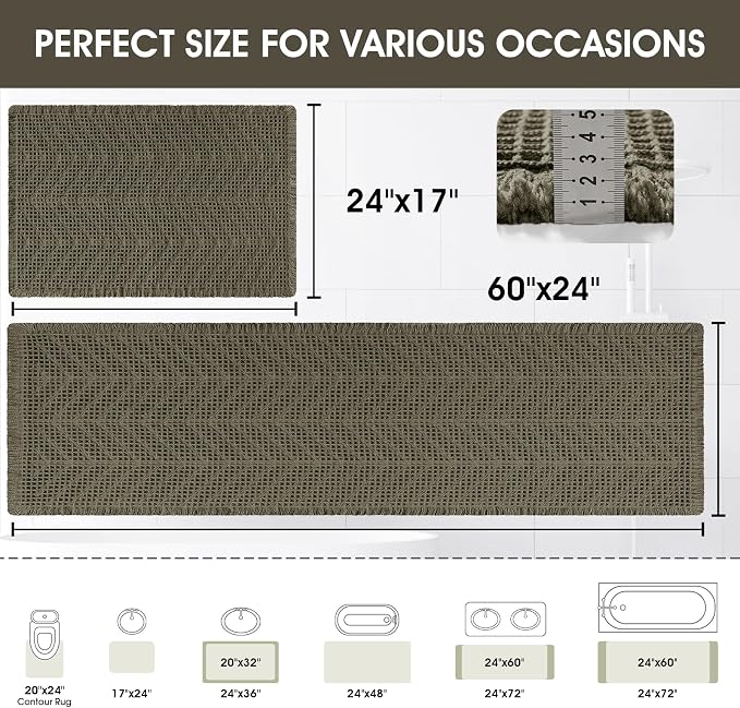 Upgraded Waffle Bath Mat Set 2 Piece Greyish Green-Herringbone, Super Absorbent Non-Slip Quick Dry Bathroom Rugs with Tassels,Machine Washable Ultra Soft Boho Bath Rugs, Bath Mats Boho Farmhouse Decor