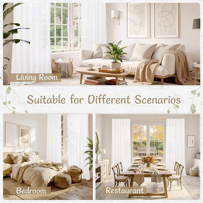 LAMIT Semi Sheer Linen Curtains 102 Inches Long, White Light Filtering Neutral Window Drapes Back Tab and Rod Pocket Boho Panels for Living Room/Bedroom/Farmhouse, 2 Panels, 52 x 102 Inch
