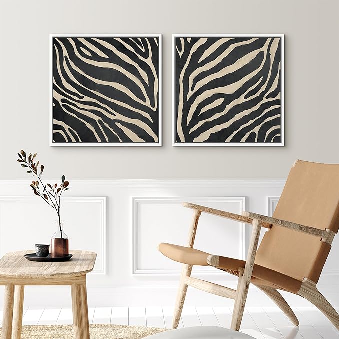 SIGNFORD Framed Canvas Print Wall Art Set Zebra Pattern Artwork, Black and Cream Animal Stripe Illustrations Modern Art Minimal Relax/Calm for Living Room, Bedroom, Office - 16"x16"x2 WHITE