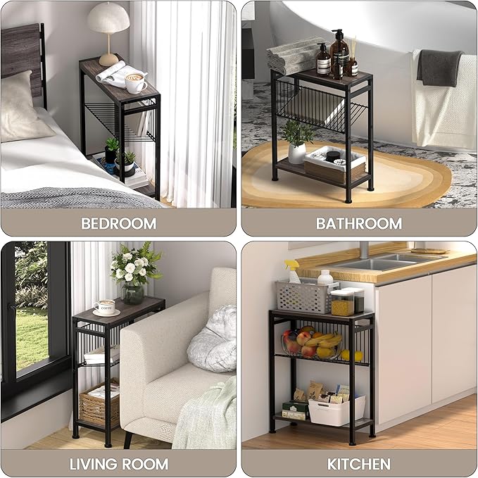 Small Side Table Set of 2 for Small Space, 3-Tier Narrow End Tablewith Magazine Holder,SmallNightstand, Skinny Snack Couch Table in Living Room, Bedroom Study and Balcony(Ash Brown)
