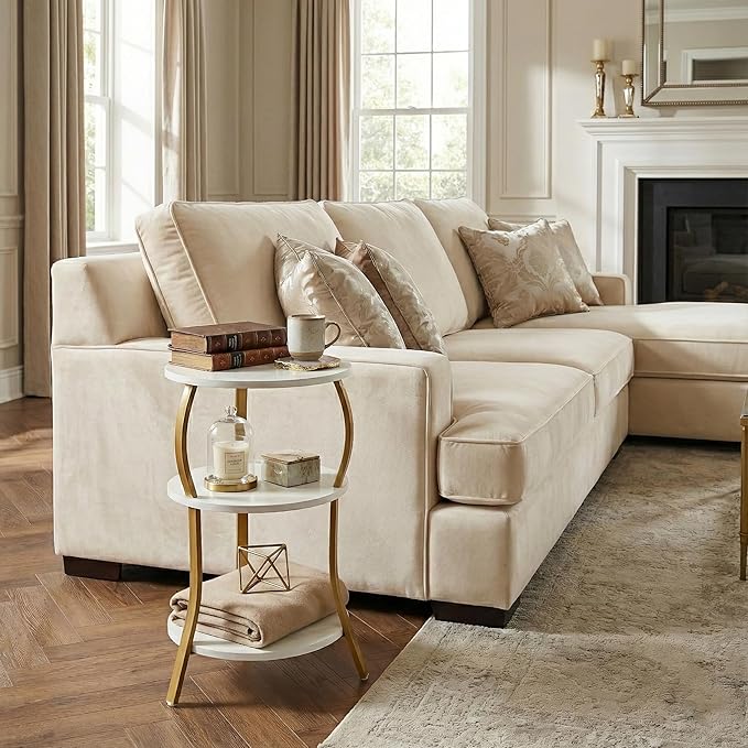 Vintage Small Round Side Table, 3-Tier Slim Waist Circular End Table with Storage Shelf, Compact Tea Sofa Table, Round Corner Coffee Table Nightstand for Living Room Bedroom Small Spaces,White+ Gold