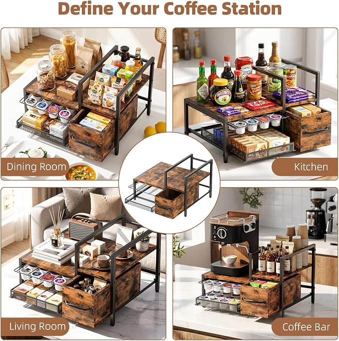 Kssiaz K Cup Holder, 2-tier Coffee Pod Holder for 48 Pods, K Cup Drawer Organizer with Sliding Storage Drawer, Coffee Bar Station Organizer for Countertop, Space Saving, Home & Office, Black