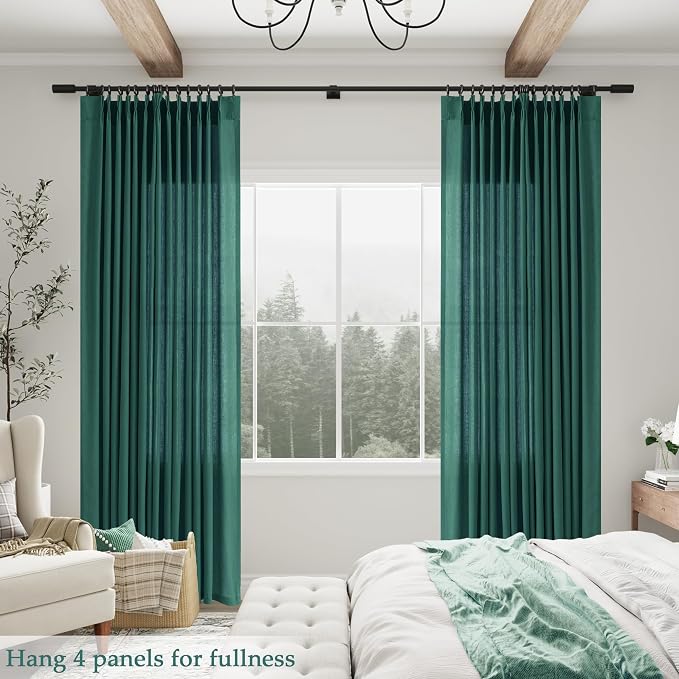 Aersas Dark Green Pinch Pleated Linen Curtains 102 Inch Length 2 Panels for Living Room Bedroom Semi Sheer Window Curtain Boho Neutral Back Tab Pinch Pleat Drape with Hooks 40x102