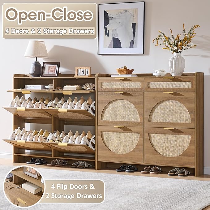 Rattan Shoe Storage Cabinet with 4 Flip Drawers & 2 Drawers, Freestanding Organizer for Front Door Entrance, Hidden Narrow Shoe Rack Cabinet Storage for Entryway, Rustic Oak Rattan