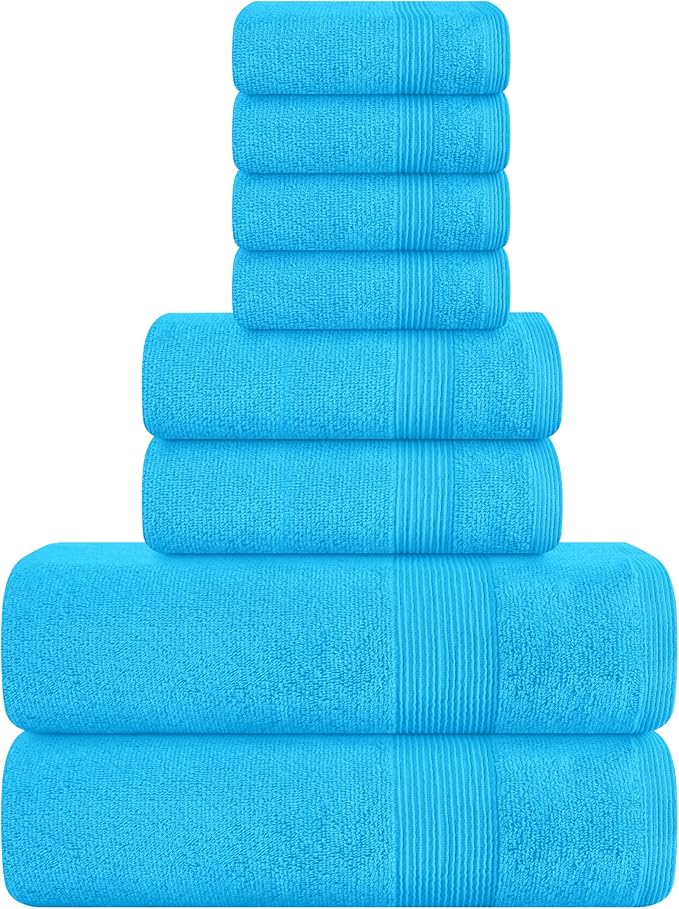 Belizzi Home 8 Piece Towel Set 100% Ring Spun Cotton, 2 Bath Towels 27x54, 2 Hand Towels 16x28 and 4 Washcloths 13x13 - Ultra Soft Highly Absorbent Machine Washable Hotel Spa Quality - Turquoise Blue