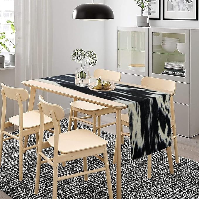 Cow Print Table Runner, Black Cowhide Print Western Style Table Runner Country Farmhouse Cottage Cow Patten Table Decoration for Home Kitchen Dining 13x60 Inch