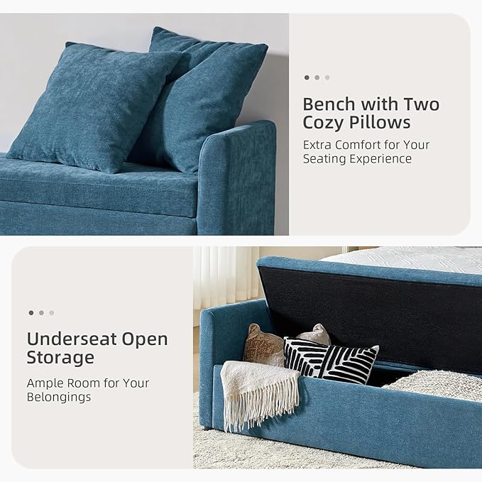 EcoHarbor Modern Storage Ottoman Bedroom Bench, End of Bed Bench with Throw Pillows and Arms, Footrest Stool for Living, Dining Room, Entryway and Hallway(Teal 59.4inch)