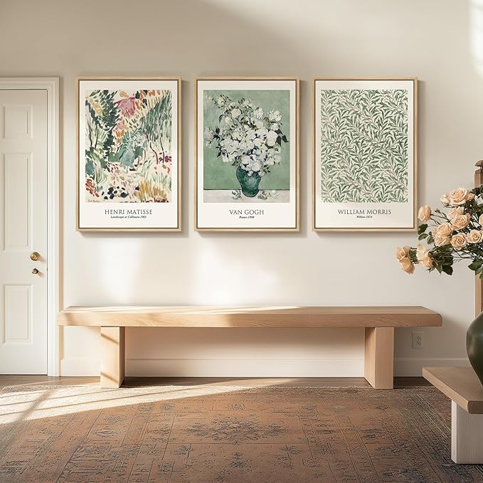 Large Framed William Morris Wall Art for Living Room, Set of 3 Vintage Sage Green Botanical Canvas Prints, Van Gogh Floral Plant Artwork for Bedroom, Hallway, or Home Office Decor, 24x36 Inch